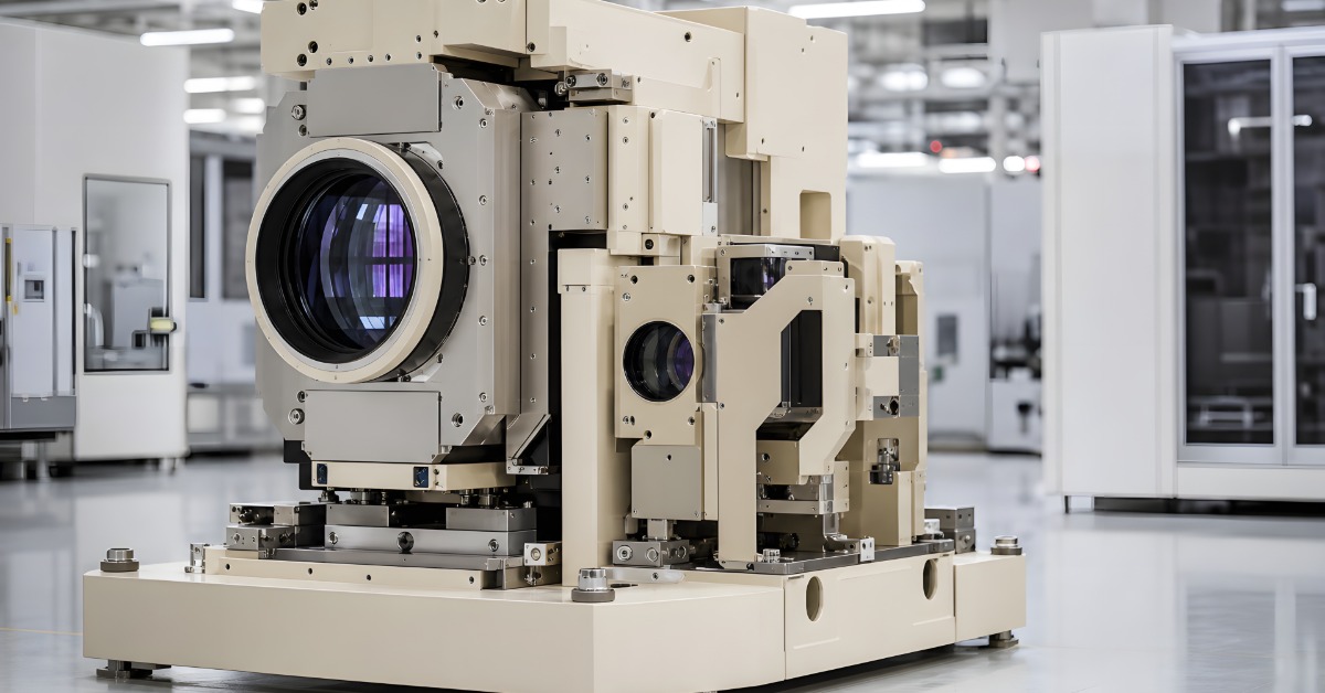 A large optical assembly with glass lenses sits on a clean factory floor beside smaller precision equipment.