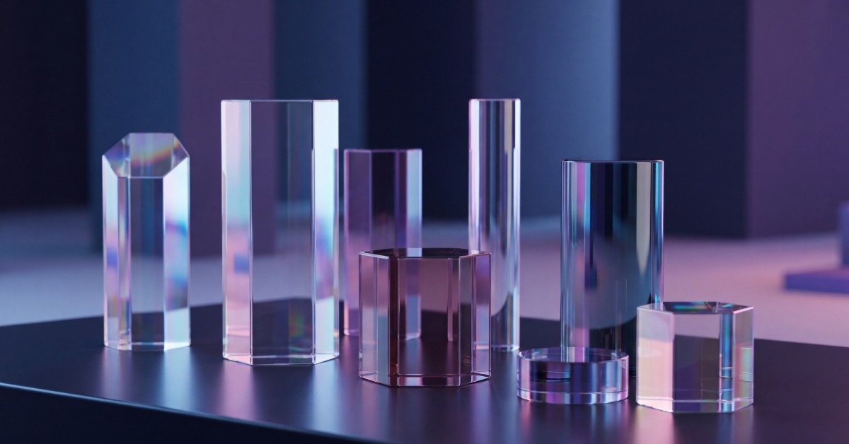 Eight polished glass prisms and cylinders stand on a dark table as purple and blue light reflects across their surfaces.